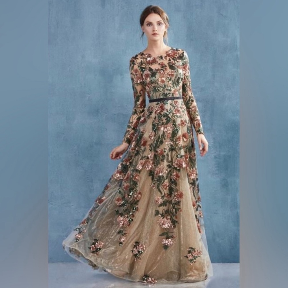 Andrea and Leo A0926 Long Sleeve Floral Sequin Gown
